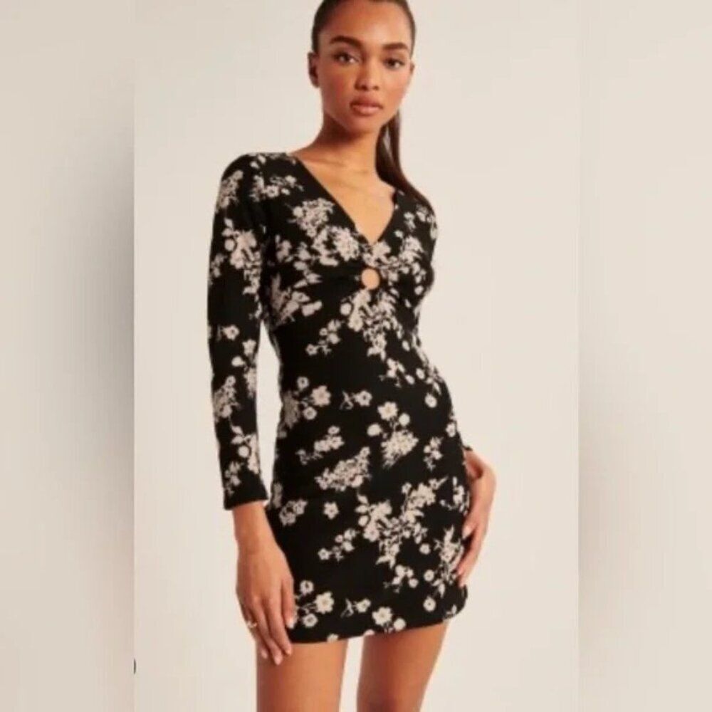 Abercrombie & Fitch Dress Women's Small Floral Long Sleeve Keyhole Ring Mini NWT
